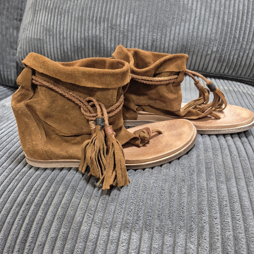 Suede Fringe Ankle Sandals - Tan